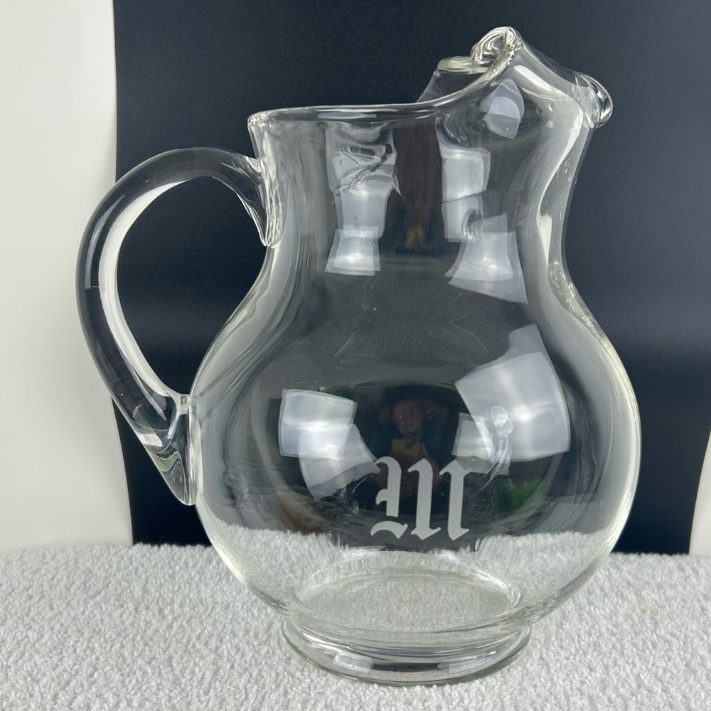 VTG "Kool Aid Style" Clear Glass Pitcher w\ Etched "M" Monogram (holds 92 oz.)